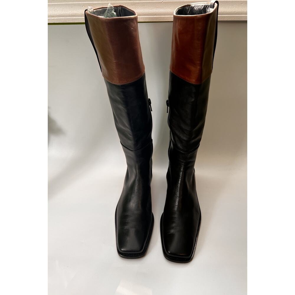 Stuart Weitzman Two-tone Leather Boots 7 B Knee High Square Toe Black & Brown - Picture 3 of 9